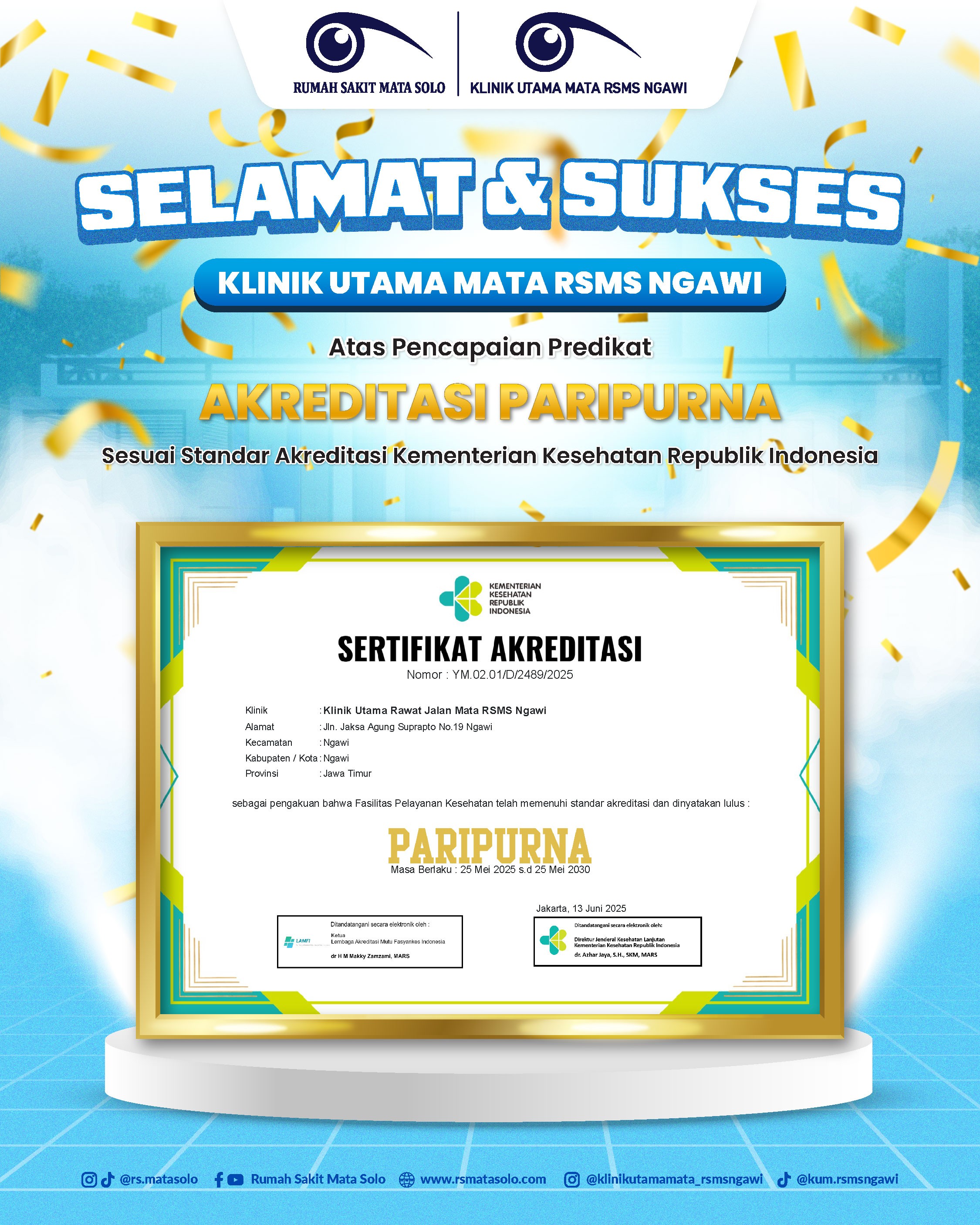 Klinik Utama Mata RSMS Ngawi Raih Akreditasi Paripurna Sesuai Standar Kemenkes RI