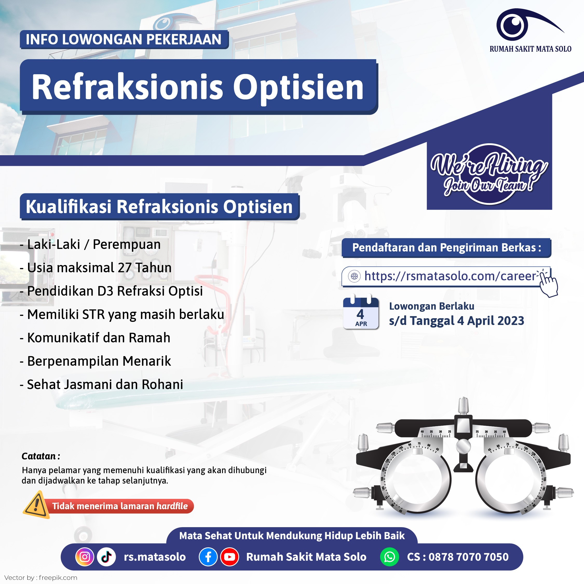 Lowongan Kerja Refraksionis Optisien RS Mata Solo Maret - April 2023