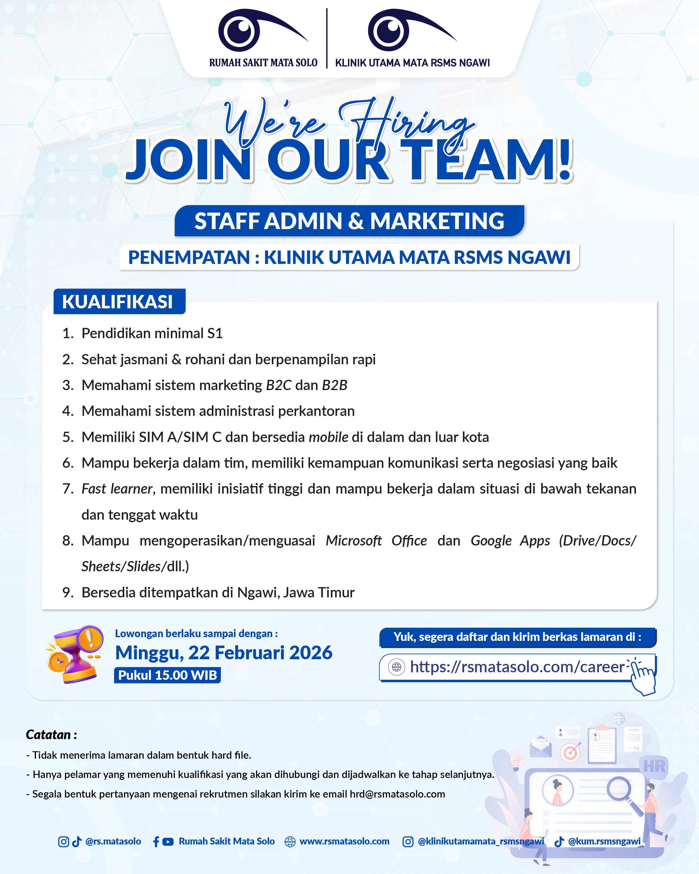 Lowongan Kerja Staf Admin & Marketing Klinik Utama Mata RSMS Ngawi - Februari 2026