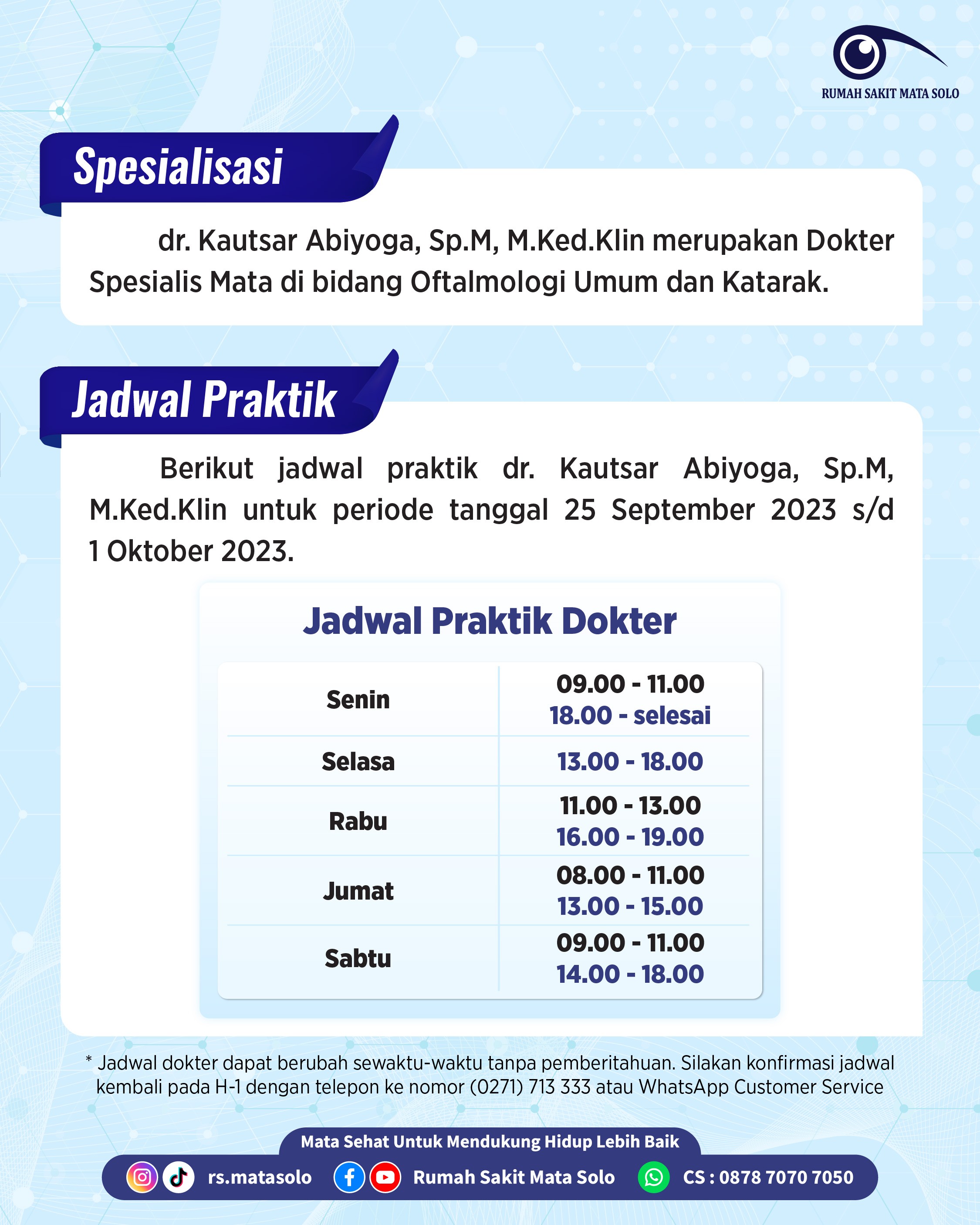Telah Bergabung Dokter Spesialis Mata Baru di Rumah Sakit Mata Solo - dr. Kautsar Abiyoga, Sp.M, M.Ked.Klin