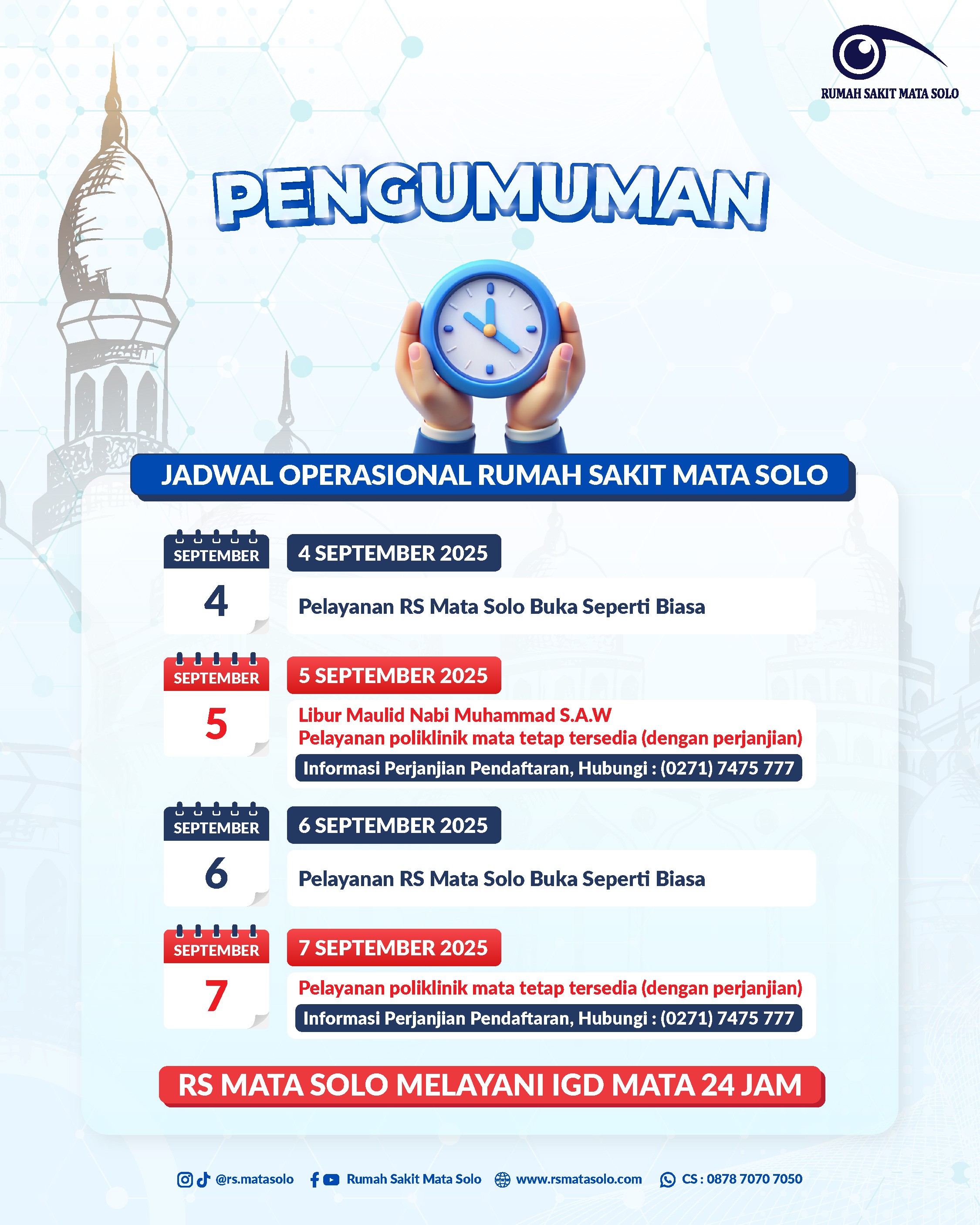 Jadwal Operasional RS Mata Solo Selama Libur Maulid Nabi Muhammad S.A.W.